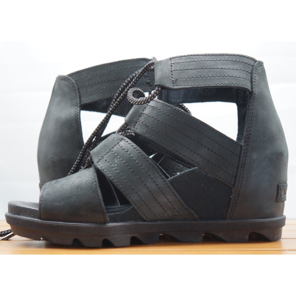 SOREL Women's Joanie Sandal Size 9 Black Leather Strappy Lace Up Wedge Heel Shoe - Picture 5 of 10